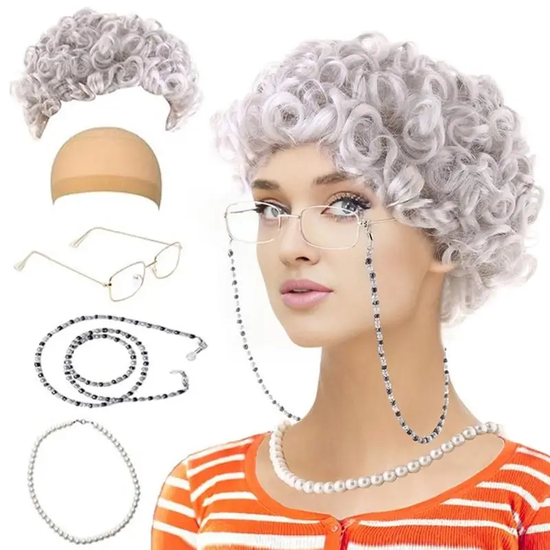 D0UB Halloween Old Lady Costume for Kids Girls 100 يوم من المدرسة الجدة الجدة الجدة الجدة إكسسوارات الأزياء