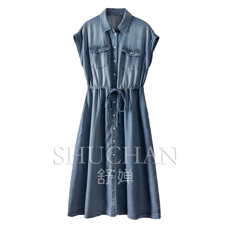 

Retro Soft Denim Dress Women Draw String Vestidos De Mujer Birthday Dress for Women Vestidos Femininos Frete Grátis