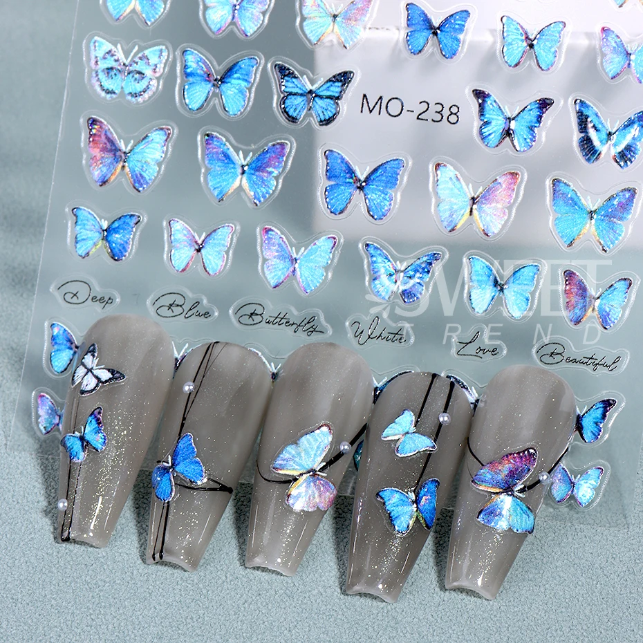 5D Blue Butterfly Nail Sticker Fashion Kawaii Butterfly Self-Adhesive Manicure Decal Slider DIY Nail Supplies Charms Decorations