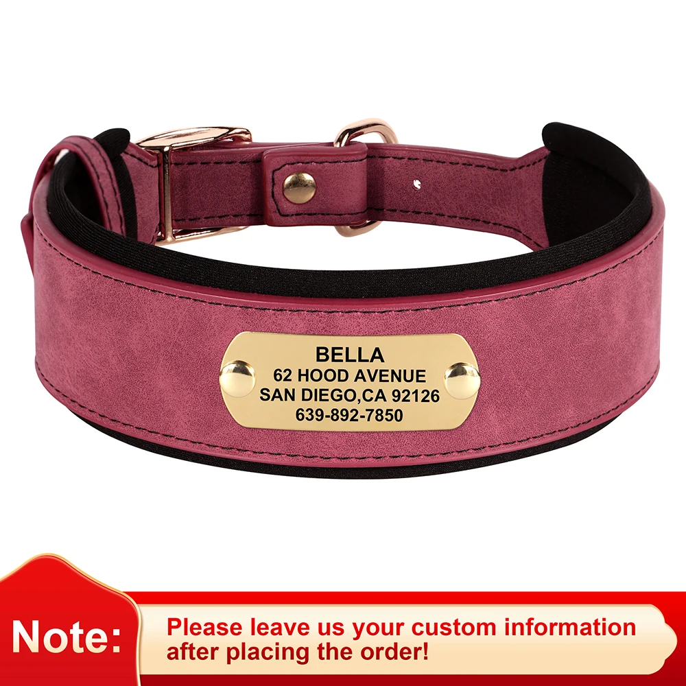 Personalized Wide Dog Collar PU Leather Customized Dogs Tag Collars Padded Pet Collar for Small Medium Large Dogs Pitbull Buldog