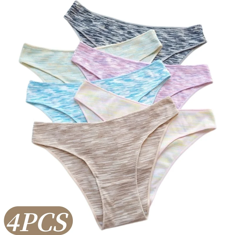 4Pcs/Set Women's Panties Low Rise Briefs Stretch Underwear Female Underpants Colorful Striped Panties Comfort Lingerie S-XL