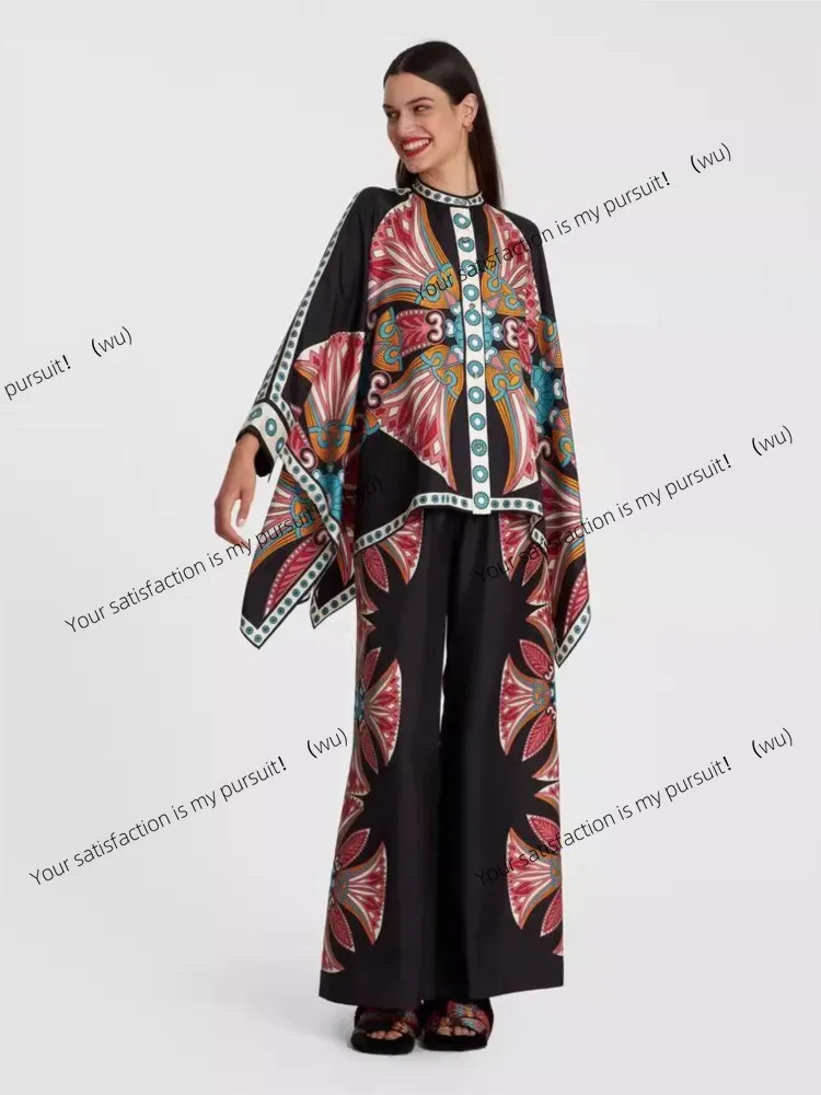 

Винтажные комплекты брюк с принтом, женские нерегулярные свободные рубашки с длинными рукавами, широкие брюки, комплект из двух предметов, женская модная трендовая уличная одежда