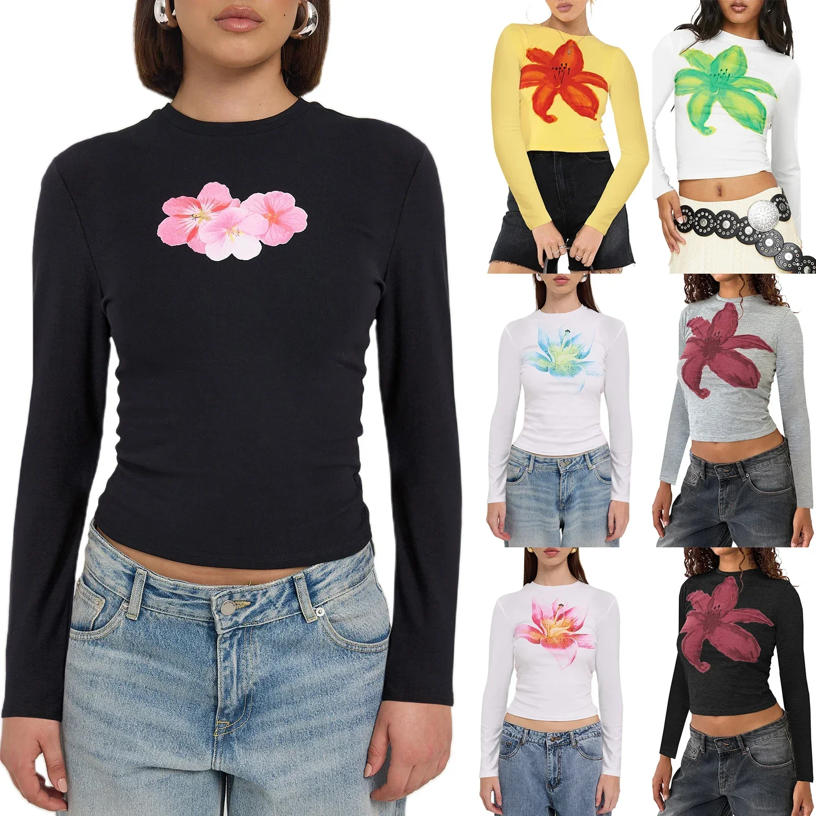 

Y2K Women Printed Long Sleeve T-Shirts Fashion Flower Print Round Neck Shirts Spring Fall Slim Fit Tops Streetwear