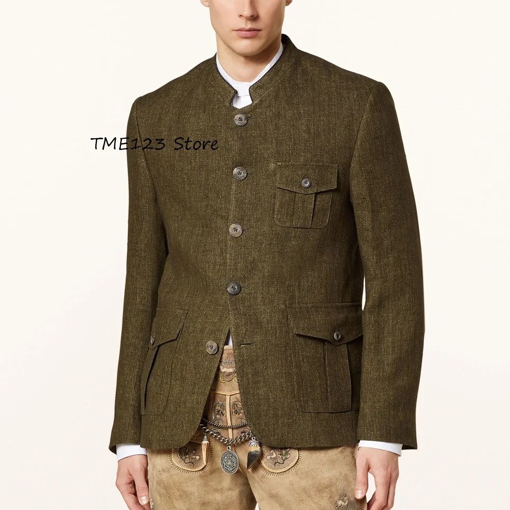 

Elegant Mens Coats Stand-up Collar Men's Casual Jackets Single-breasted Fashion Suit Square Pockets Coat Linen Suits Blazer
