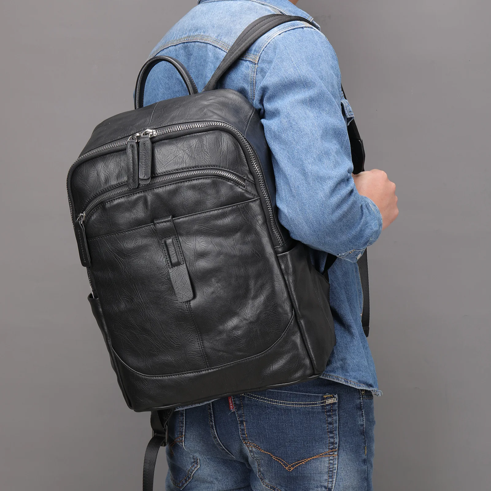 Black Leather Men Backpack Genuine Leather Travel Bag Casual Daypack Fashion Leather School Bags Large Laptop Bag Soft Skin 14\