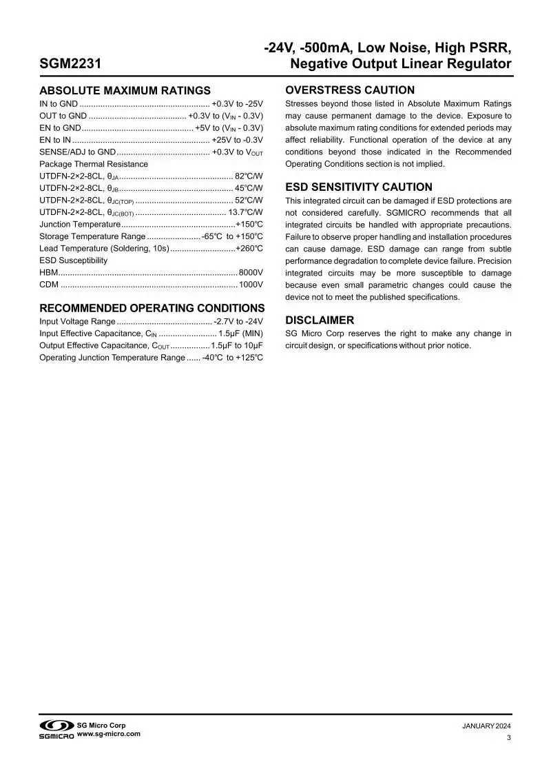 10Pcs/Lot SGM2231-1.8XUGN8G/TR UTDFN-8,Fixed output voltage 1.8V,500mA,24V,Low Noise,High PSRR,Negative Output Linear Regulator