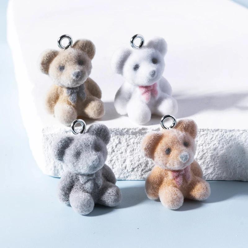 4pcs Korean Fashion Flocking Bear Charms Pendant for Girls Women Kawaii Colorful Bear Charms Jewelry DIY Accessories
