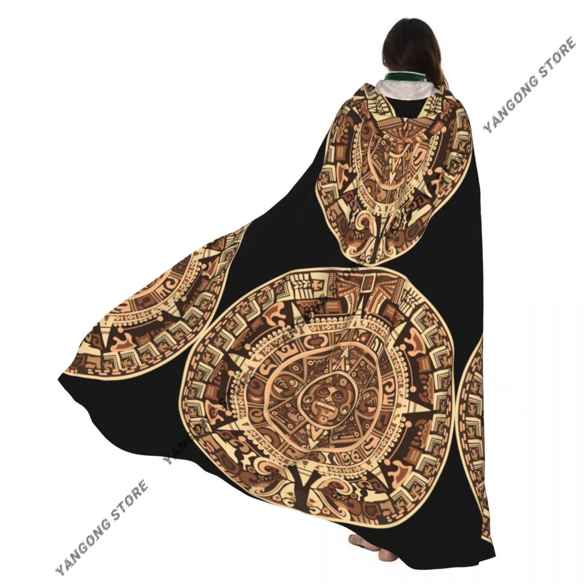 

Cosplay Medieval Costumes Maya Calendar Aztec Hieroglyph Print Hooded Cloak Capes Long Robes Jackets Coat Carnival