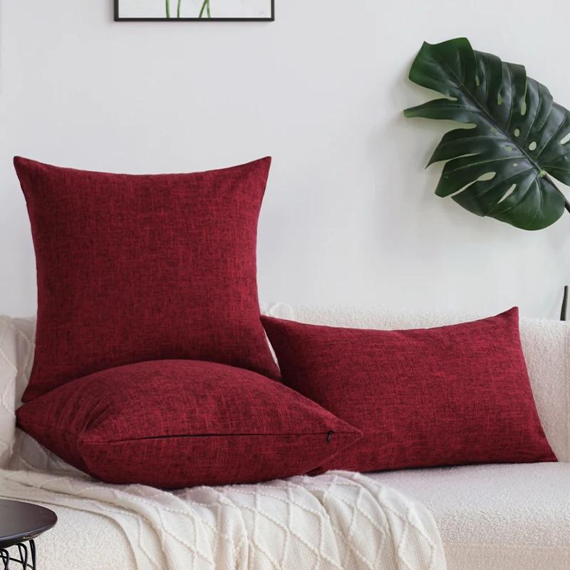 

Винно-красная льняная наволочка для всех сезонов, многоразмерная декоративная наволочка для подушки, однотонная наволочка для домашнего дивана на заказ