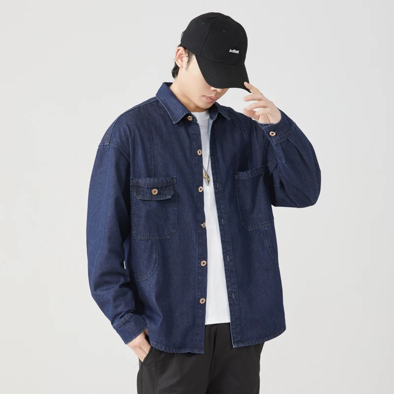 

Men's Work Denim Shirt Multi-Pocket Street Relaxed Fit Distressed Button Down Shirt Utility Pockets for Spring Fall Outdoor