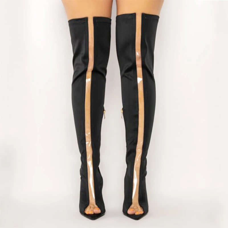 Summer Long Booty Women Stretch Thigh High Boots Clear PVC Suede Patchwork Over Knee Peep Toe Booties High Heel Shoes