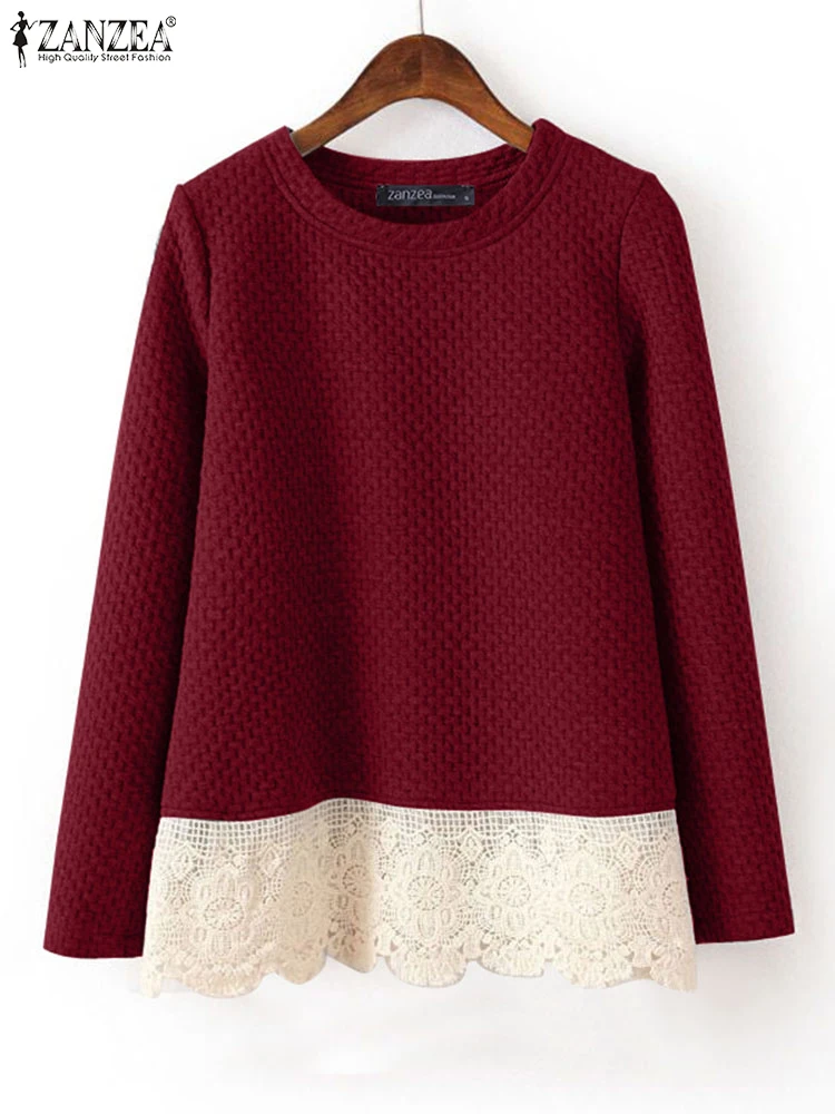 

Casual Long Sleeved Tops ZANZEA Women Texture Fabric Sweatshirts 2024 Autumn Round Neck Pullovers Elegant Lacing Splicing Jumper