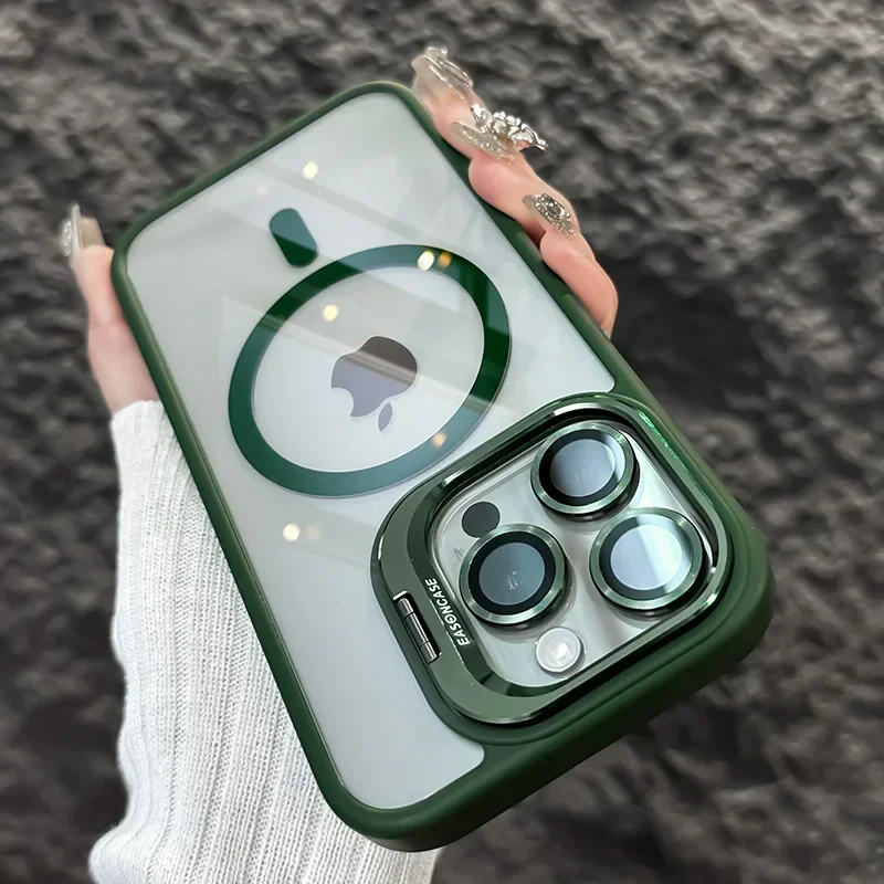 Luxe Magnetische Schokbestendige Telefoonhoes Voor Iphone 16 15 14 13 12 11 Pro Max Plus Pro Funda Stand Glazen Lensbescherming Achterkant