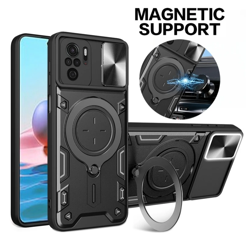 For Xiaomi Redmi Note 10 10S 4G Case Slide Camera Armor Funda For Redmi Note 10 Pro Max Note10 S Ring Stand Protect Phone Cover