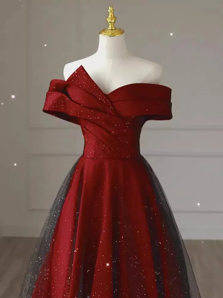 Elegant Prom Dress Dark Red Satin with Shining Black Tulle Long Evening Gowns Sweetheart Lace-Up Back