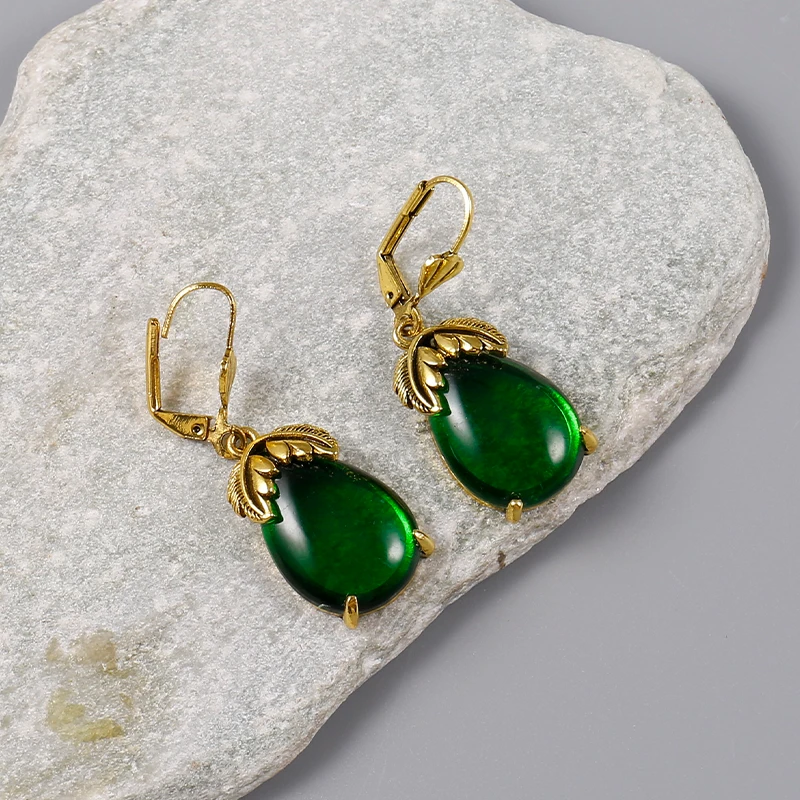 Bohemian Green Stone Dangle Earrings for Women Vintage Jewelry Elegant Teardrop Earrings