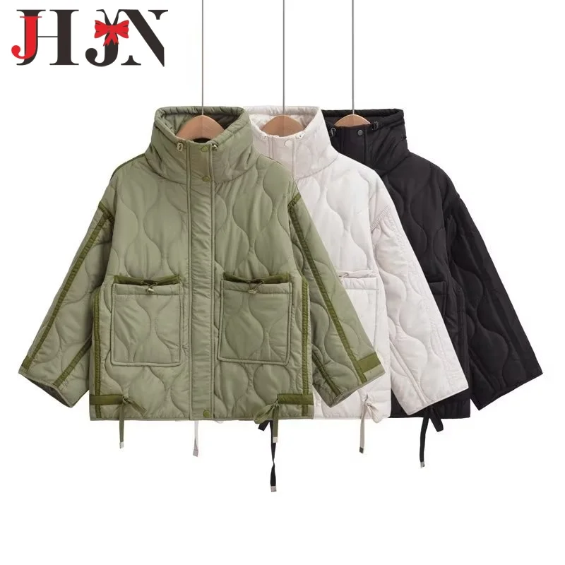 JHJN Turtleneck Woman Cotton Jacket Solid Color Tops Military Green Splicing Outerwear Pocket Jacket Winter New Female Clothing