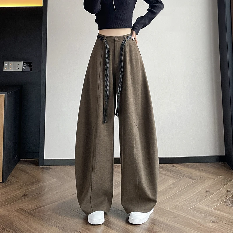 Damskie wełniane spodnie jesienno-zimowe z wysokim stanem, szerokimi nogawkami, kieszeniami, eleganckie spodnie z paskiem, styl OL, nowość 2025, rozmiary S-XXL