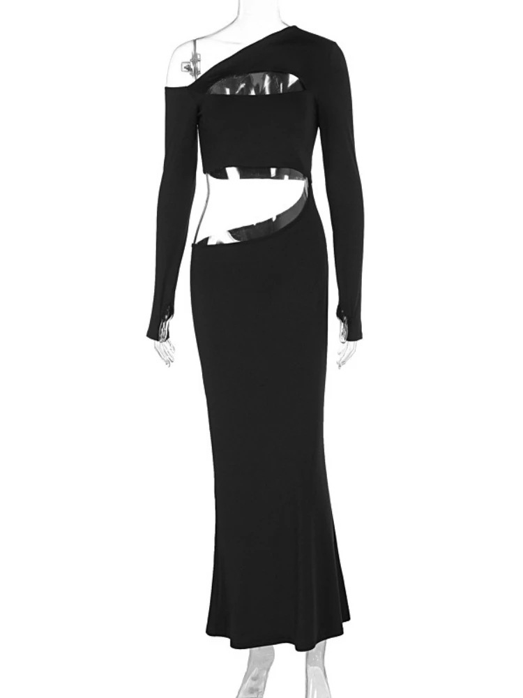 فساتين سهرة نسائية أنيقة من FDYOUI بياقة قطرية غير متماثلة أنيقة بأكمام طويلة مقصوصة باللون الأسود للحفلات فساتين طويلة ماكسي