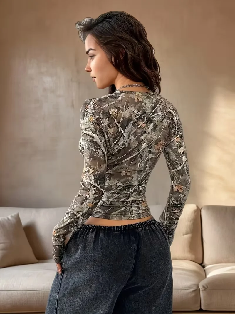 Y2K Street Top Tree Branch Pattern Full V-Ausschnitt T-Shirt für Damen – Detail 3