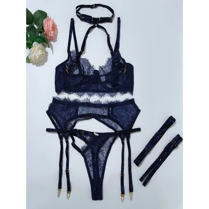 Bikini sexy in pizzo con ciglia e scollo all'americana, lingerie staccabile, set erotico in quattro pezzi