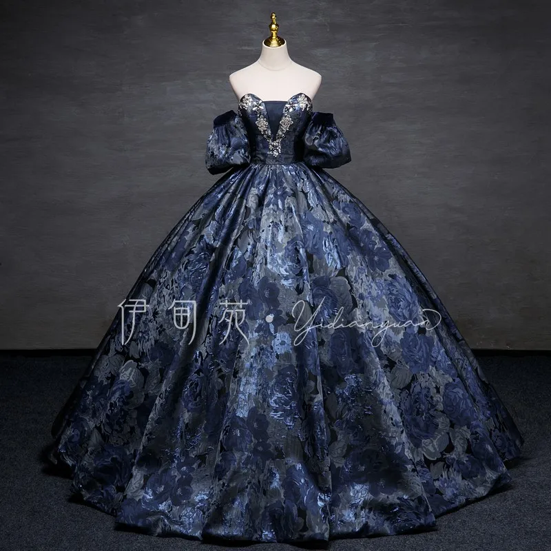 luxury navy flower beading long medieval dress ball gown dress Venice carnival gown Medieval Renaissance