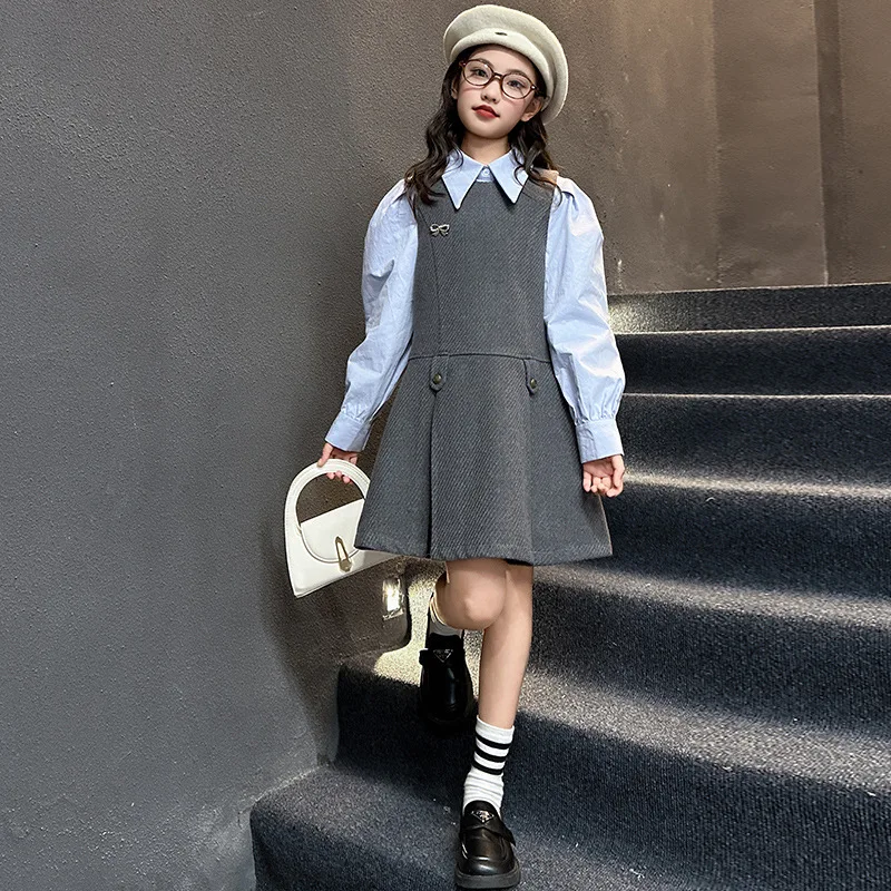 

Girls' 2025 New Large Children's Western Style Leisure College Wind Wool Skirt Shirt Two Piece Set Spring And Autumn