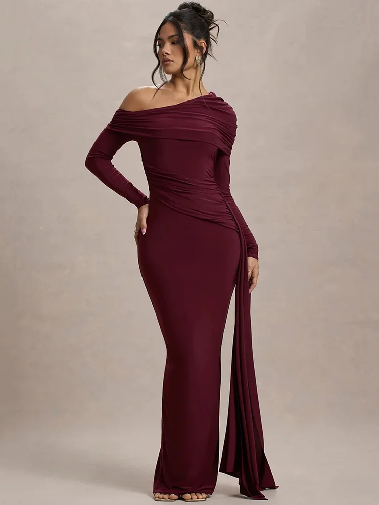 Mozision Skew Kragen Langarm Sexy Maxi Kleid Für Frauen Kleid Mode Backless Drapierte Geraffte Bodycon Club Langes Kleid Elegant