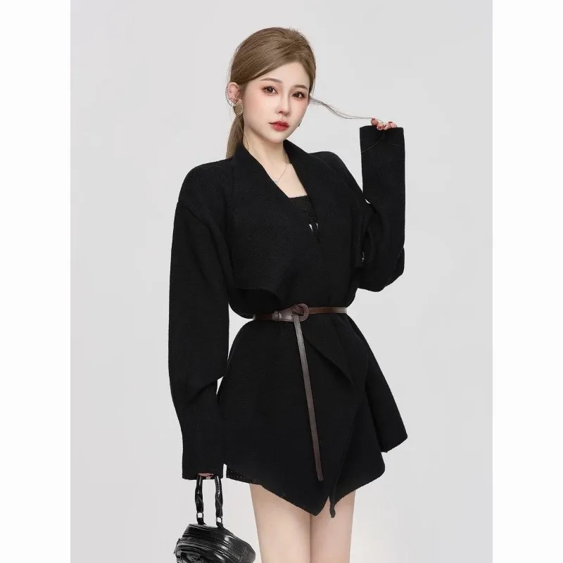 Women's Autumn Winter French Graceful Turn-Down Collar Sweater Cardigan Lady Fashion Black Knit Coat with Waistbelt New Jackets