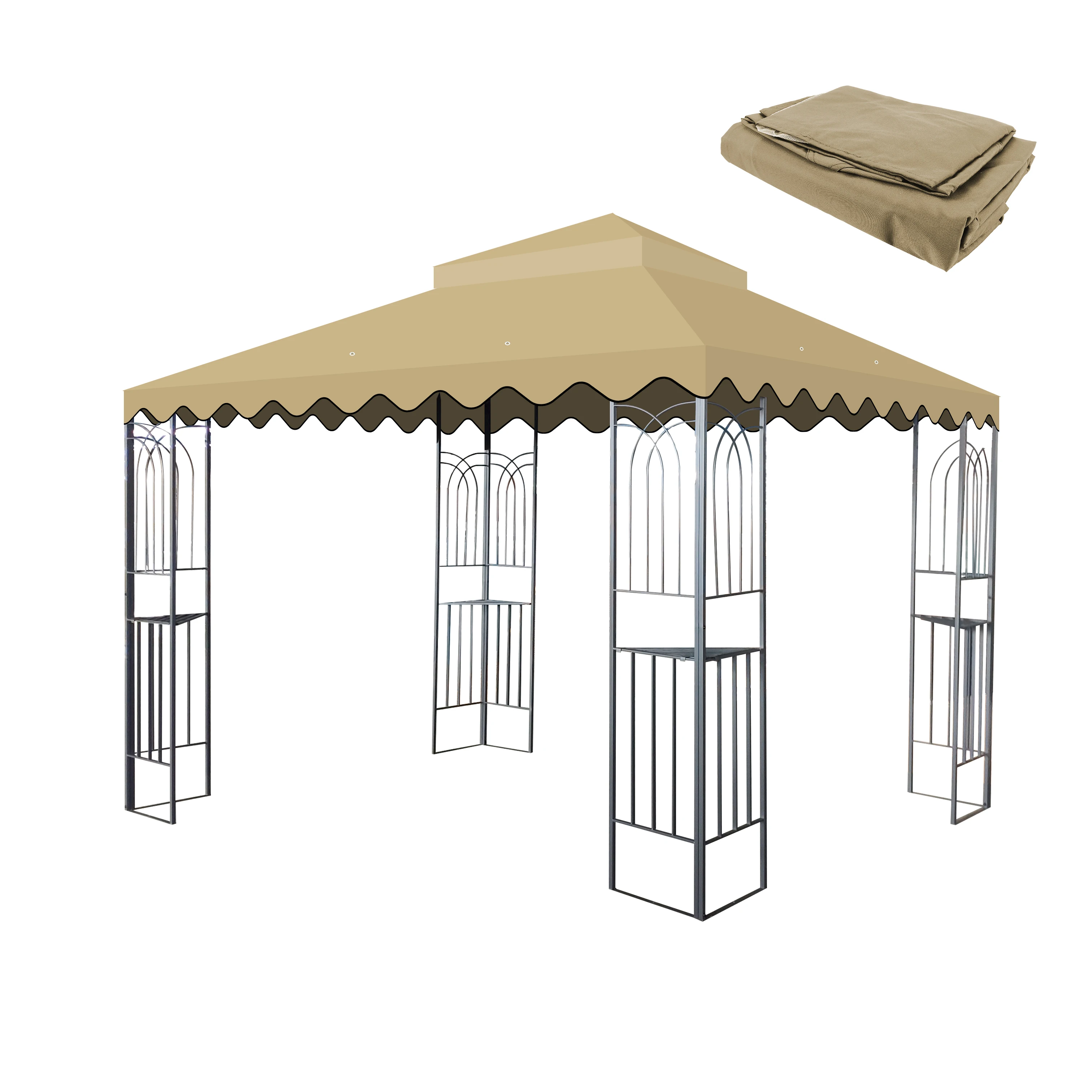 10x10 Ft Outdoor Patio Gazebo Replacement Canopy, Double Tiered Gazebo Tent Roof Top Cover Only Wavy Border (Frame Not Include) - Tan