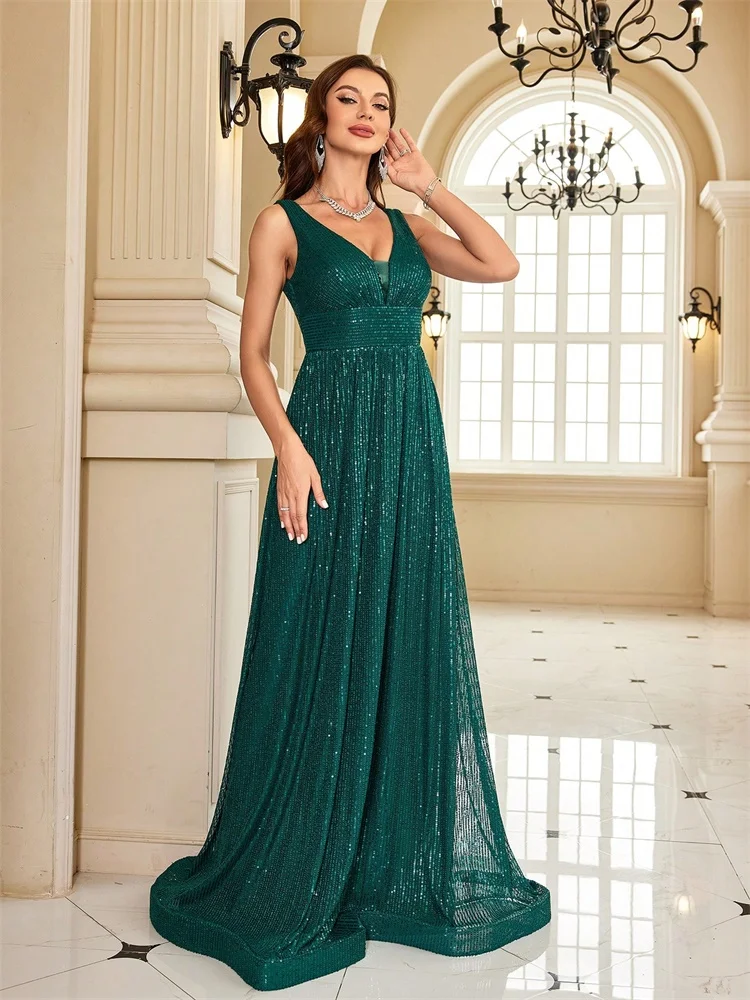 

Women Luxury V-Neck Sleeveless Green Formal Evening Dresses Sequins 2025 Wedding Party Prom Maxi Cocktail Dress Vestido