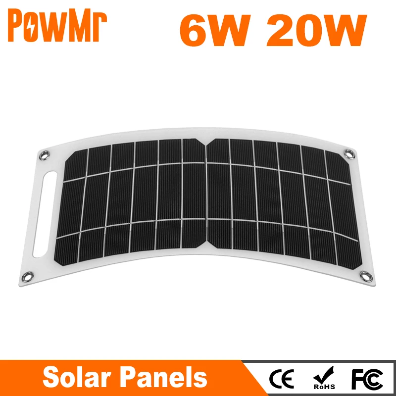 PowMr Solar Panels 6W 20W 12V Flexible Portable Solar Cell Solar Plate Kit for RV Car Home Camping Outdoor Battery Solar System