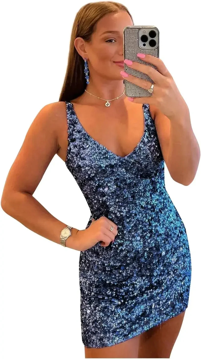 Robe de Cocktail pour filles, tenue de club, courte, à paillettes, pour adolescentes, col en v, scintillante, robe de bal formelle pour femmes, 2026