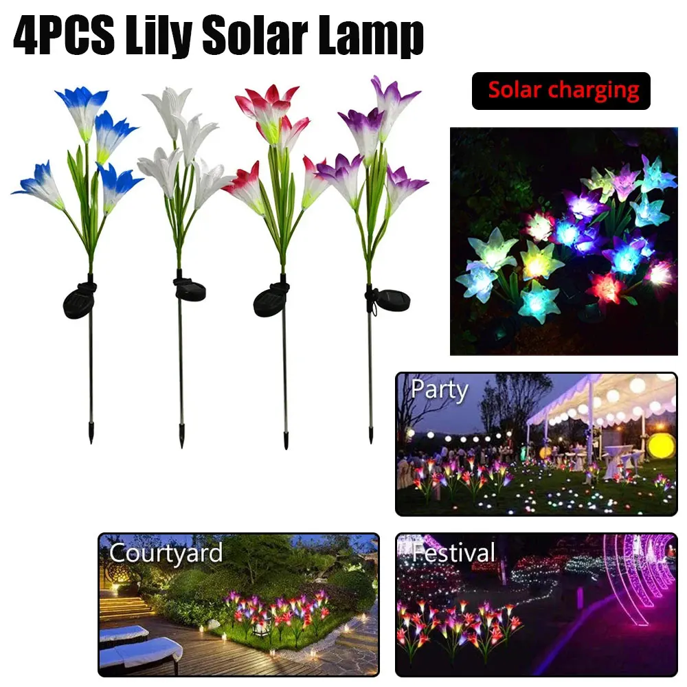 

4 pcs Outdoor Solar Garden Lights With Lily Flower Heads Waterproof White Light Outdoor Lights Solar Panel For Patio