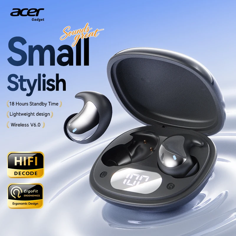 Die Acer Ohr719 kabellosen Bluetooth-Kopfhörer sind klein, kompakt, angenehm zu tragen und üben beim Schlafen auf der Seite keinen Druck auf die Ohren aus. V6.0-Chip, hochauflösende Klangqualität und