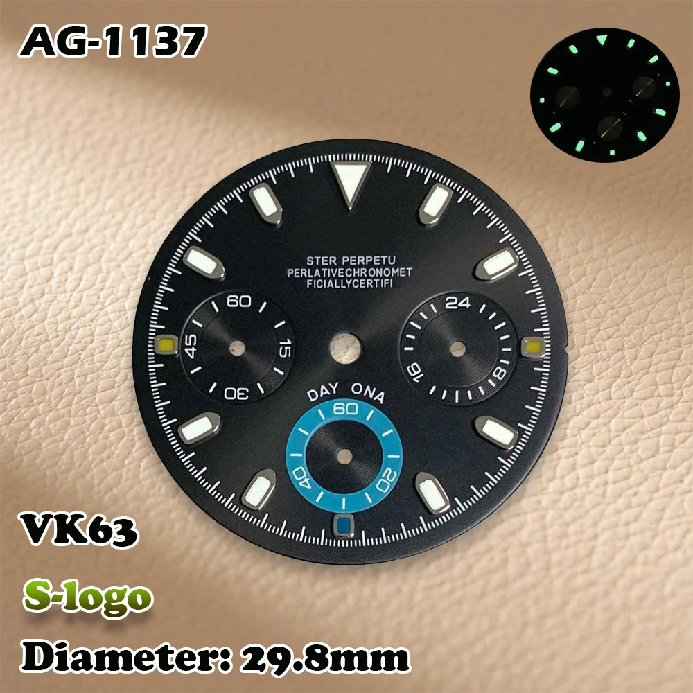 VK63 29,8 mm uurwerken S-Logo Panda Style Dial - Groene lichtgevende C3 herenhorloges Bekijk modificatie accessoires