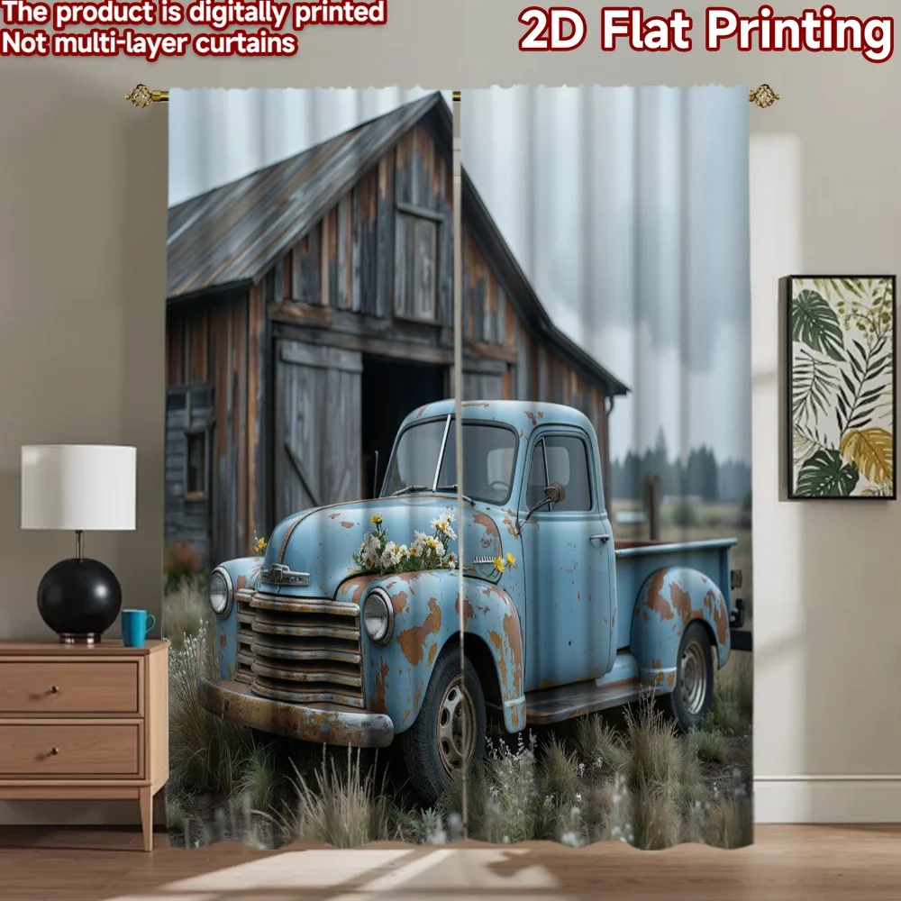 2D flat 2pcs Curtain Home Short Curtains Rusty Blue Farm Truck Digitally printed polyester, colorfast Birthday Party Perfect for
