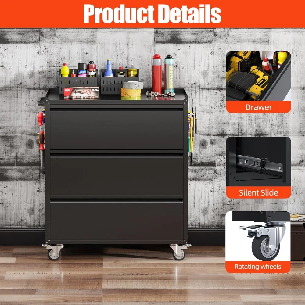 Cómoda de herramientas de metal con ruedas y 3 cajones para almacenamiento, requerida ensamblada, organizador de gabinete de garaje