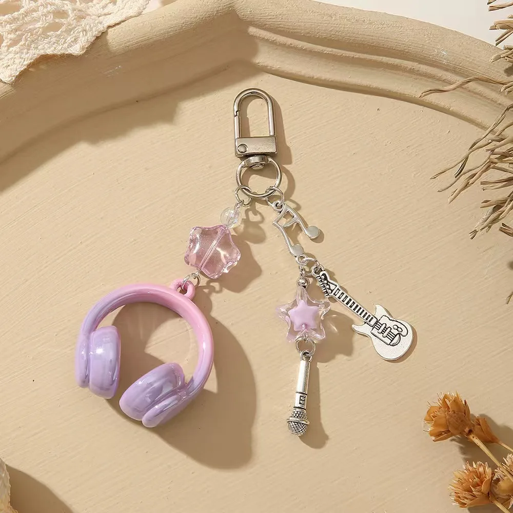 keychain music box Y2K Pink Purple Gradient Color Music Earphone Beaded Keychain Creative Mini Headset Pendant Keyring Paired La