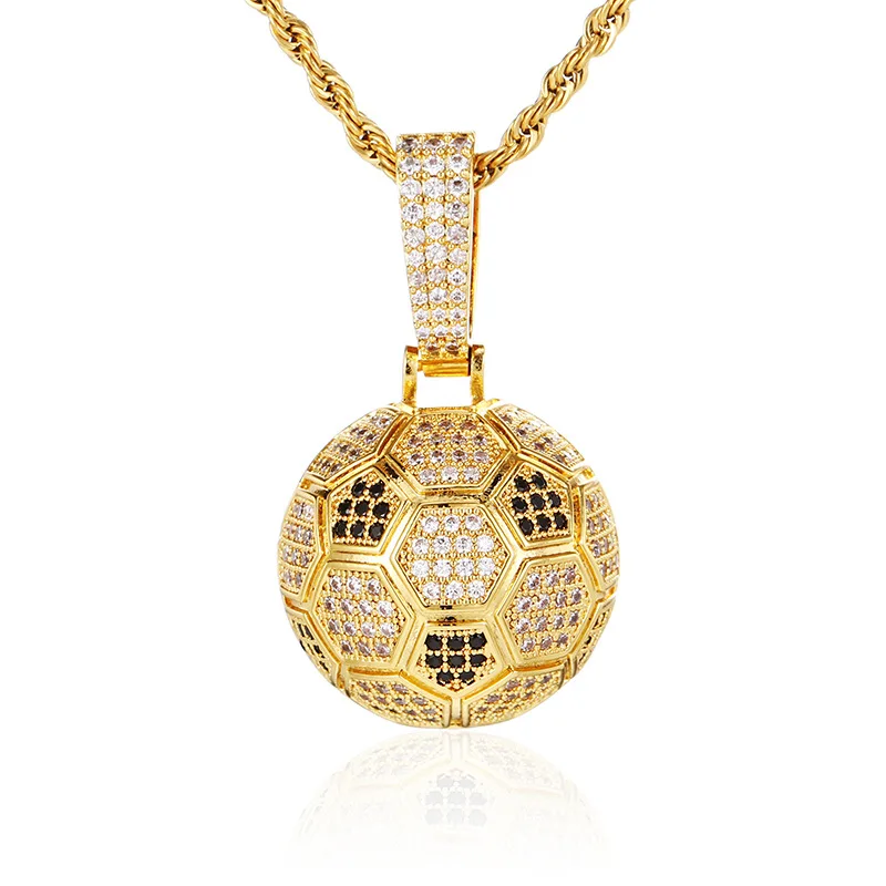 

Hip Hop Full CZ Stone Paved Bling Iced Out 3D Football Pendants Necklaces for Men Rapper Jewelry Gold Silver Color