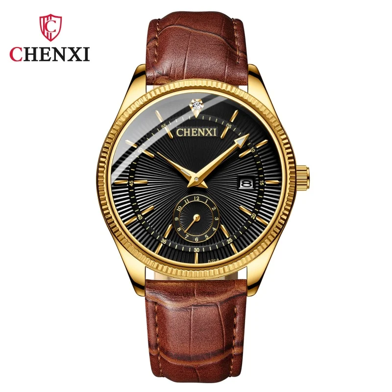 CHENXI 069A Reloj de cuarzo a la moda para hombre, elegante reloj de pulsera dorado, calendario luminoso, correa de cuero resistente al agua, relojes de negocios para hombres