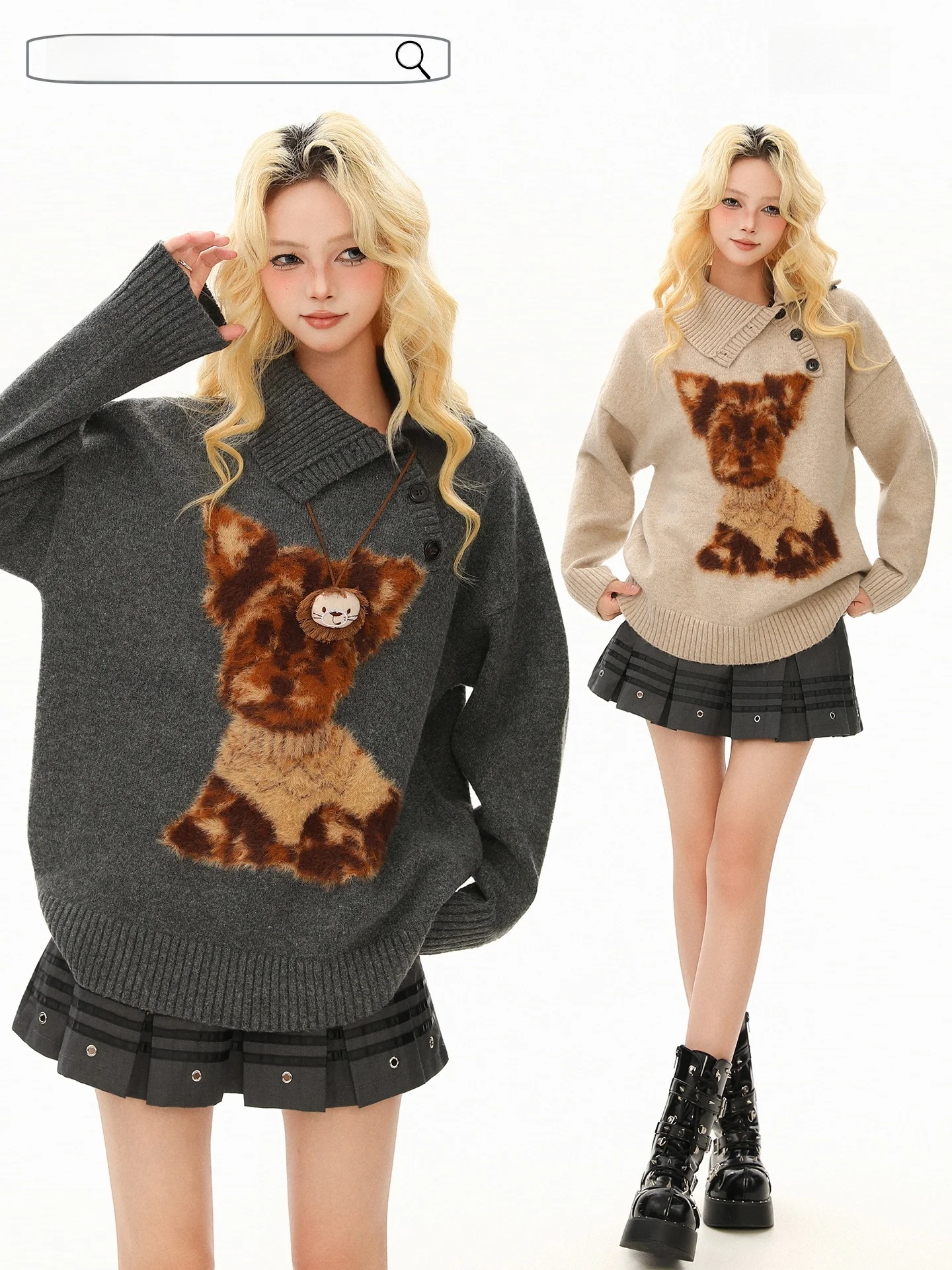 

Boeax American High Street Plush Dog Design Women's Sweater Casual Loose Knitted Winter New Style Comfortable Retro Style