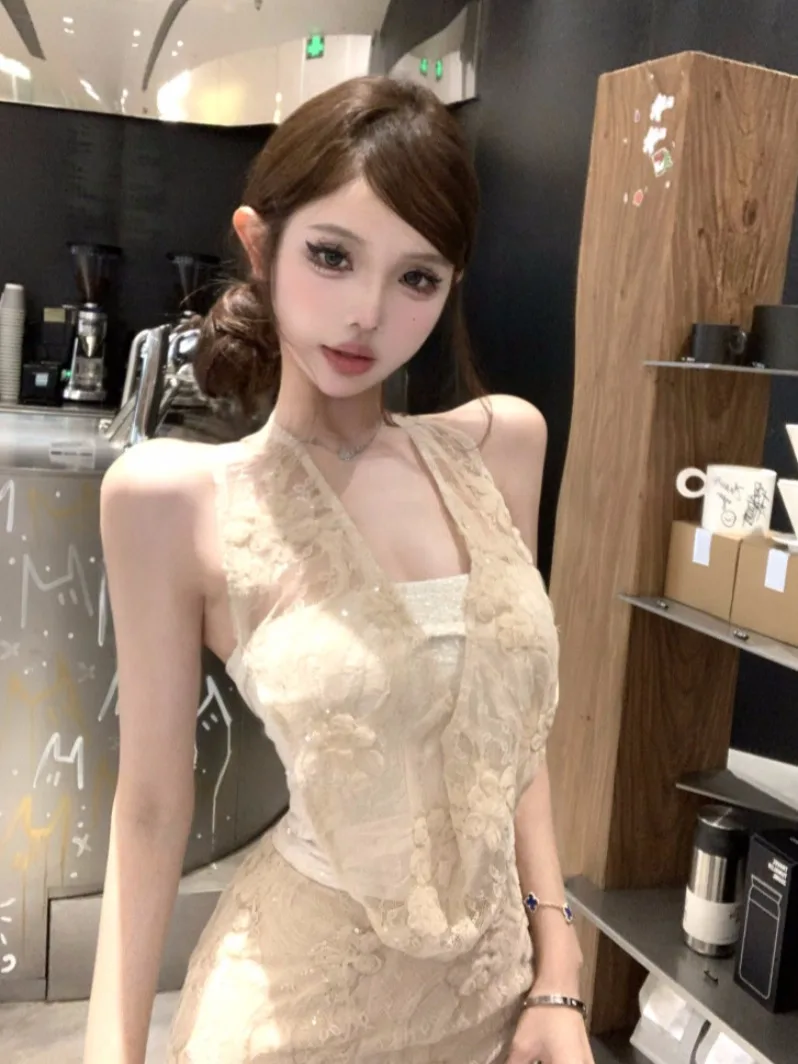 

Летний кружевной комплект с цветочной вышивкой Spicy Girl Dr V-Ne Hanging Ne Slim Fit Топ-юбка, женский ансамбль Faion