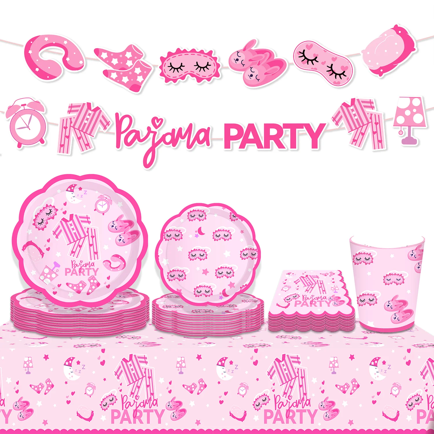 Rosa Pyjama-Party Einweg-Geschirrsets Geburtstag Süße Träume Kissen Nacht-Teller Becher Servietten Party-Deko Party-Zubehör