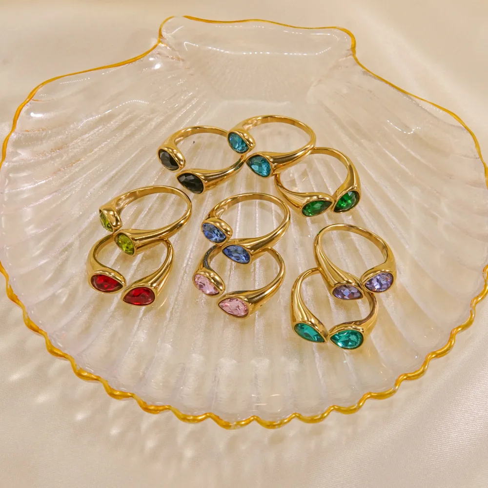 New Light Luxury Stainless Steel Colorful Diamond Inlaid Open Ring Waterproof Wedding Jewelry Gifts