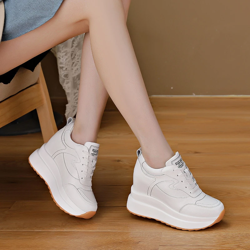 Picture 6: Womens White Hidden Wedge Sneakers Platform Casual Lace Up Low Top Shoes With Orange Sole For Daily Street Style Simple Fashion