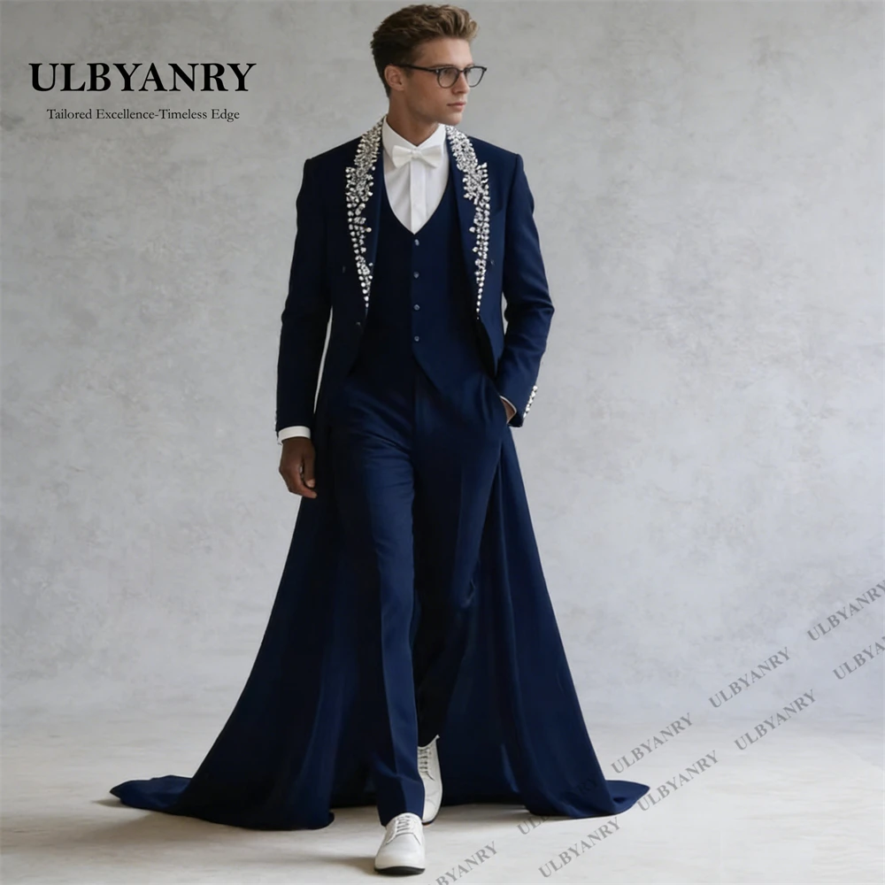 

ULBYANRY Three Piece Tailcoat with Vest Pants, Beaded Long Train Suit Jacket Customized Suit Tuxedo Set for Stage Performance