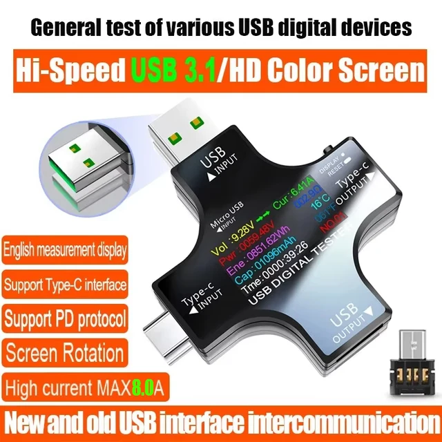 Tester USB DC Type-C PD Cyfrowy Woltomierz Amperomierz Monitor Napięcia Prądu Miernik Prądu Detektor Power Bank Ładowarka Miernik Pojemności 8.0A