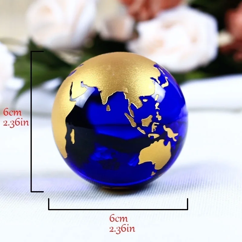 Esfera de cristal dorado azul, modelo de tierra, globo de cristal, adornos, estatuilla, decoración del hogar, 6cm