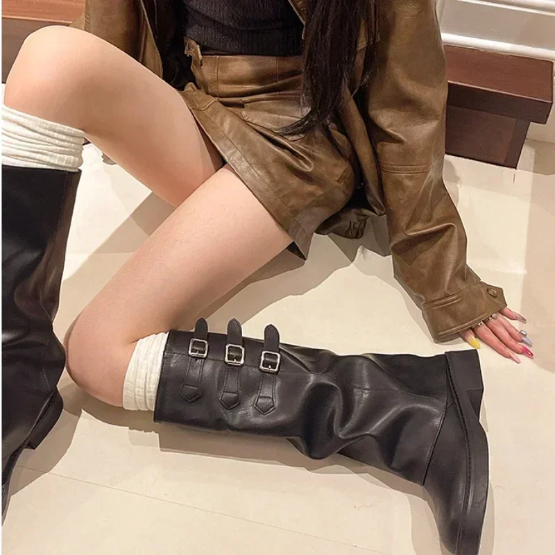 Winter New Women's Boots Mid-heeled Sleeve 2024 High Quality Fashionable Round Toe Solid Color Buckle Women's High Boots